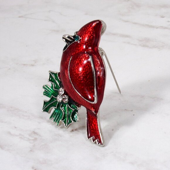 Red cardinal pin brooch with green leaves and crystals and green crystal eye - Picture 3 of 5